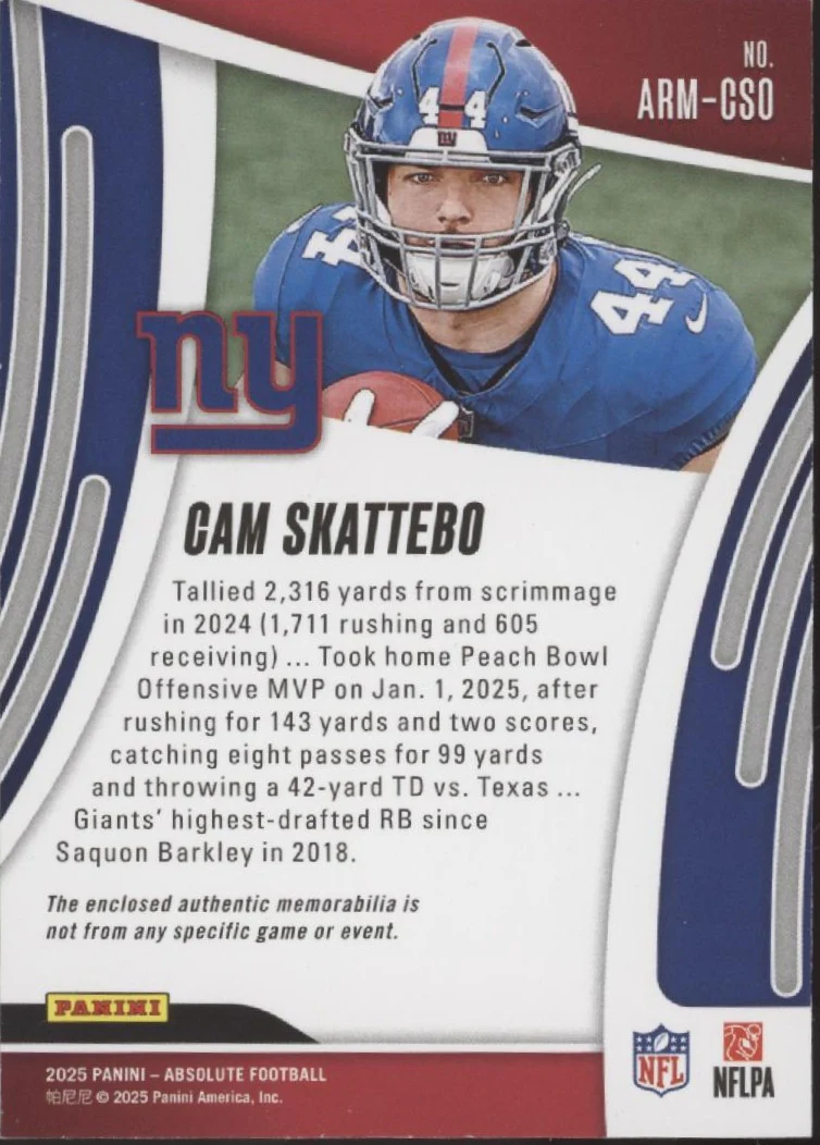 Cam Skattebo 2025 Panini Absolute Swatch RC #ARM-CSO - Image 2