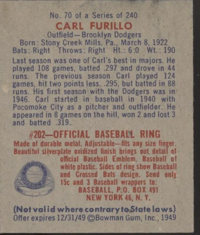 Carl Furillo 1949 Bowman RC #70 Brooklyn Dodgers VG - Image 2