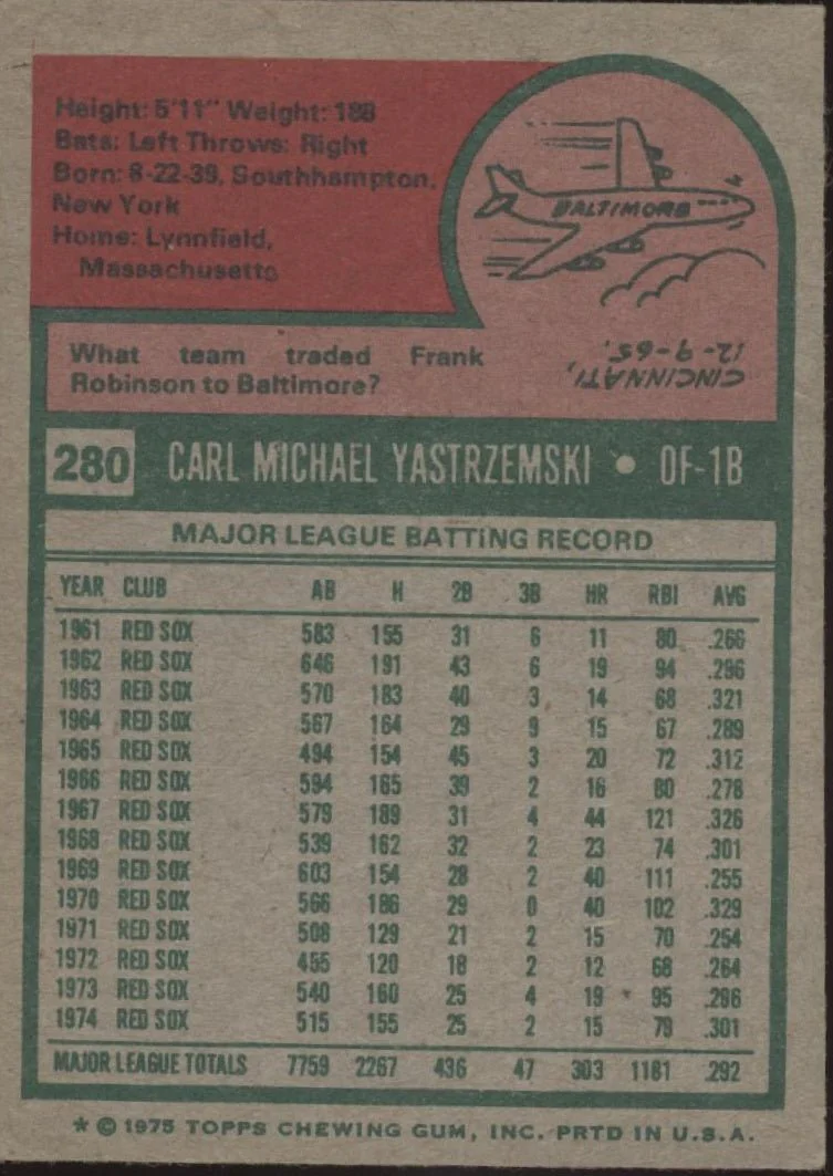 Carl Yastrzemski 1975 Topps #280 Boston Red Sox EX-NM - Image 2