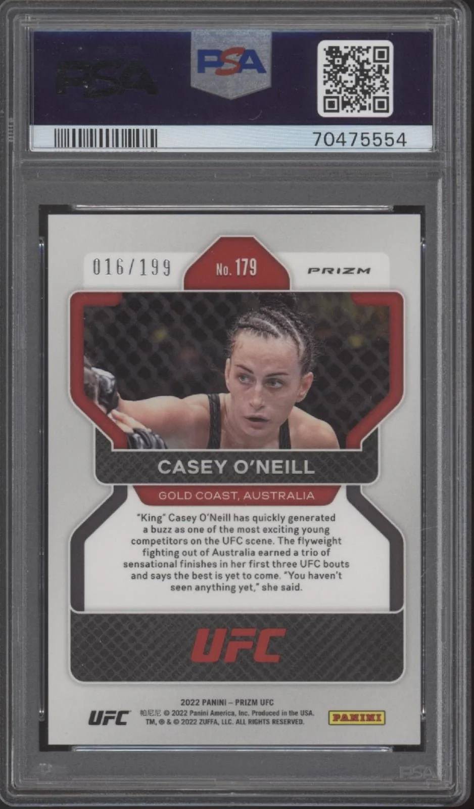 Casey O'Neill 2022 Panini Prizm Blue Prizm RC 016/199 #179 PSA 10 - Image 2