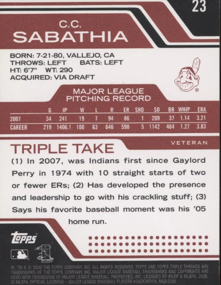 CC Sabathia 2008 Topps Triple Threads Red 0711/1350 #23 - Image 2