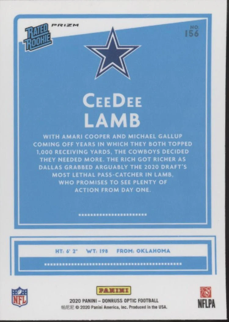 CeeDee Lamb 2020 Panini Donruss Optic Rated Rookie Blue Scope Prizm RC #156 - Image 2