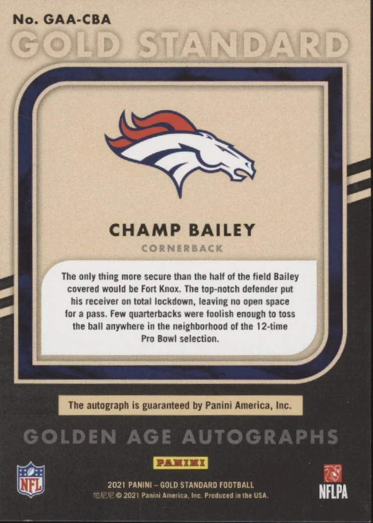 Champ Bailey 2021 Panini Gold Standard Golden Age Auto 01/15 #GAA-CBA - Image 2