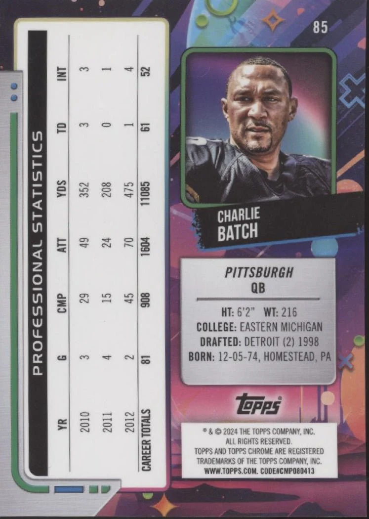 Charlie Batch 2024 Topps Chrome Cosmic Red Flare Refractor 2/5 #85 - Image 2