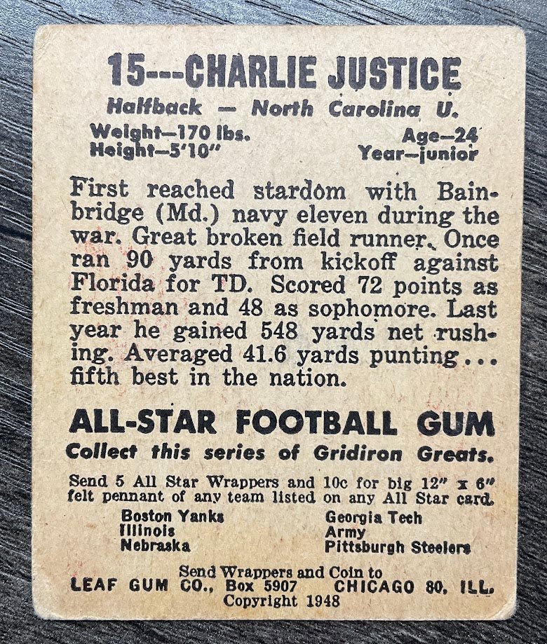 Charlie Justice 1948 Leaf RC #15 GD - Image 4