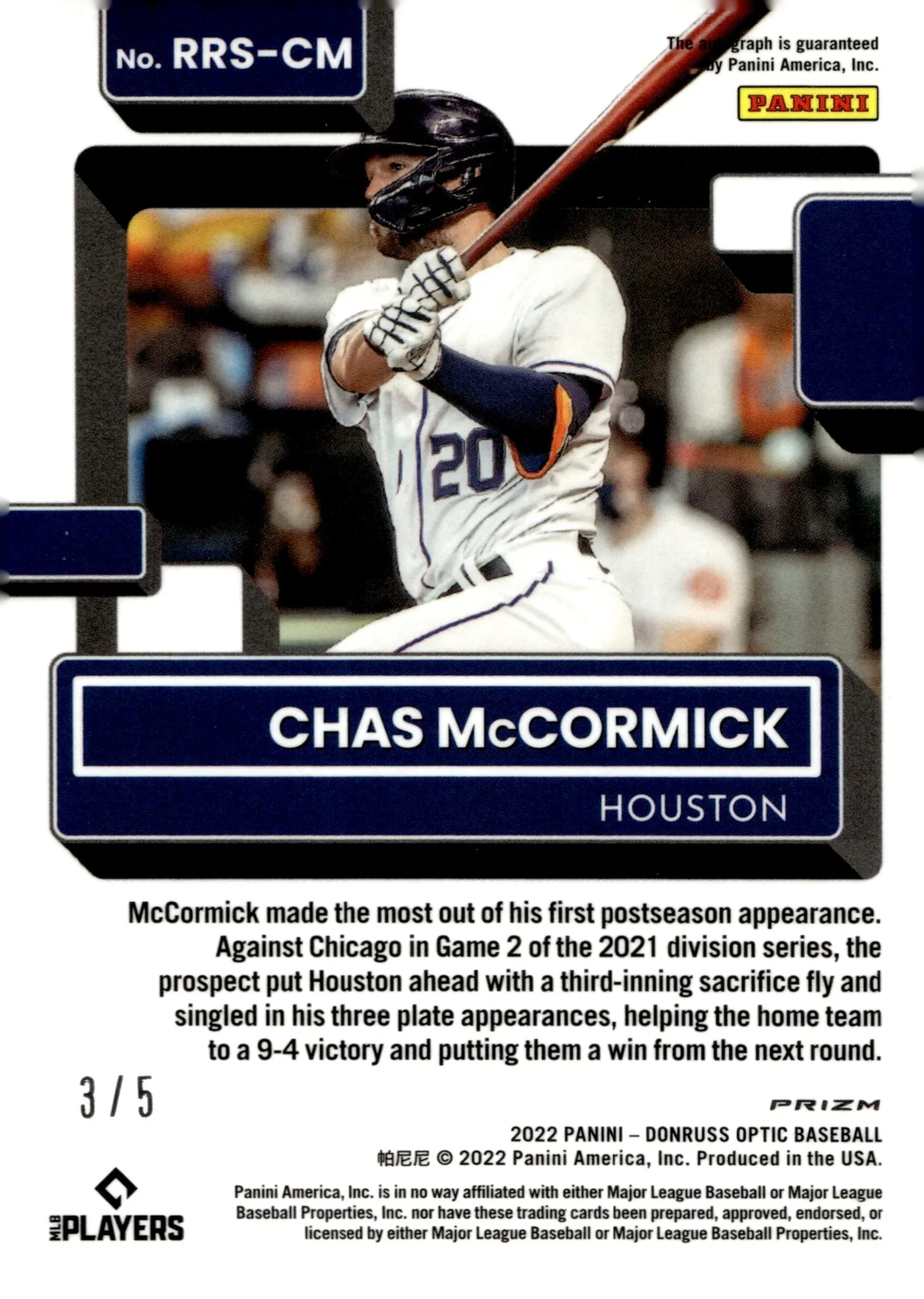 Chas McCormick 2022 Panini Donruss Optic Rated Rookie Green Prizm RC Auto 3/8 - Image 2