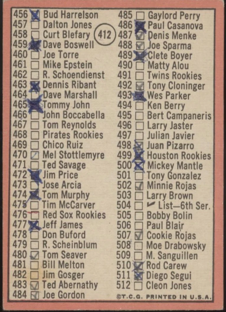 Checklist 1969 Mickey Mantle Topps Baseball 5th Series (426-512) #412 VG #2 - Image 2