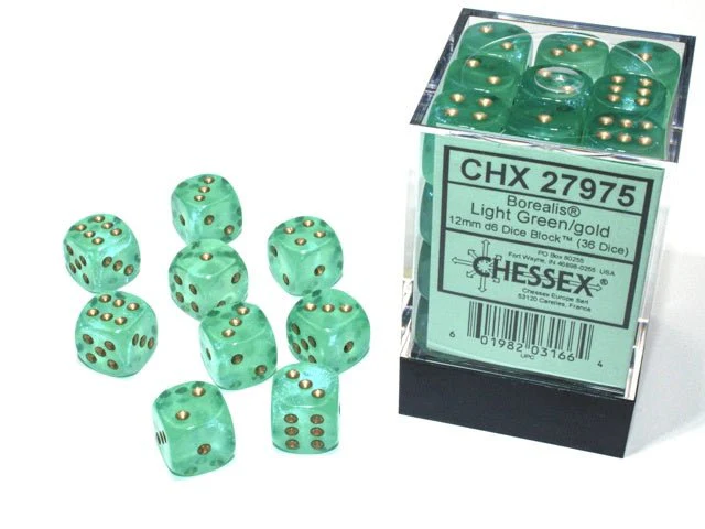 Chessex: Borealis LightGreen/Gold 12mm d6 Dice Block (36 Dice)