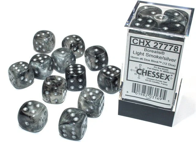 Chessex: Borealis LightSmoke/Silver 16mm d6 Dice Block (12 Dice)
