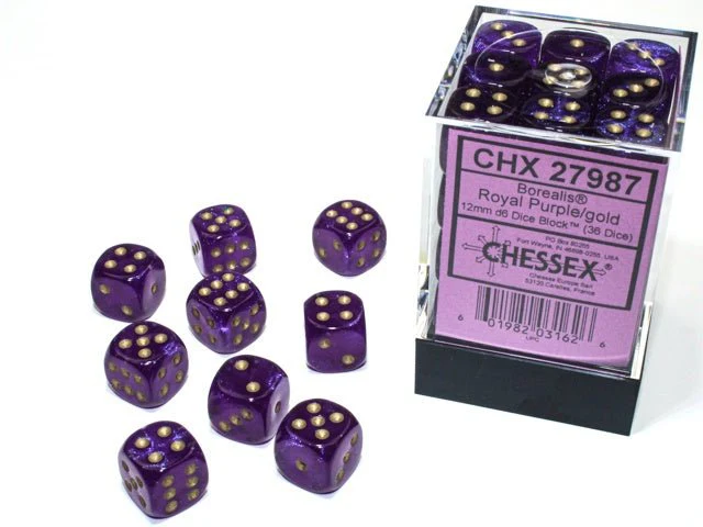 Chessex: Borealis RoyalPurple/Gold 12mm d6 Dice Block (36 Dice)