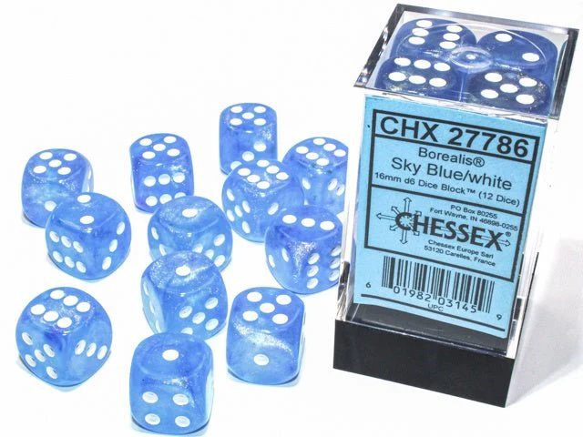 Chessex: Borealis SkyBlue/White 16mm d6 Dice Block (12 Dice)