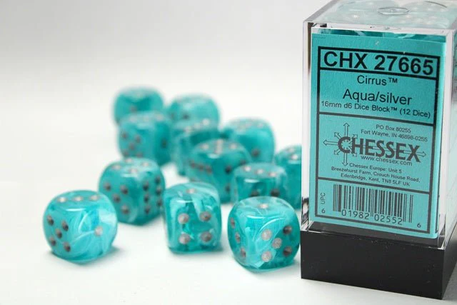 Chessex: Cirrus Aqua/Silver 16mm d6 Dice Block (12 Dice)