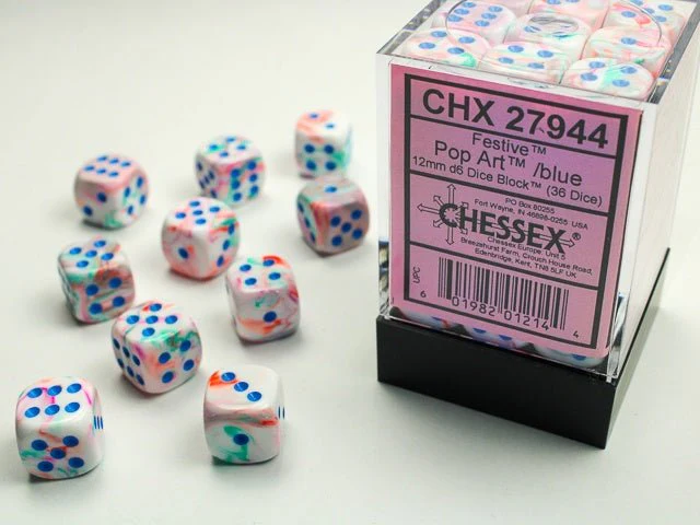 Chessex: Festive Pop-Art/Blue 12mm d6 Dice Block (36 Dice)