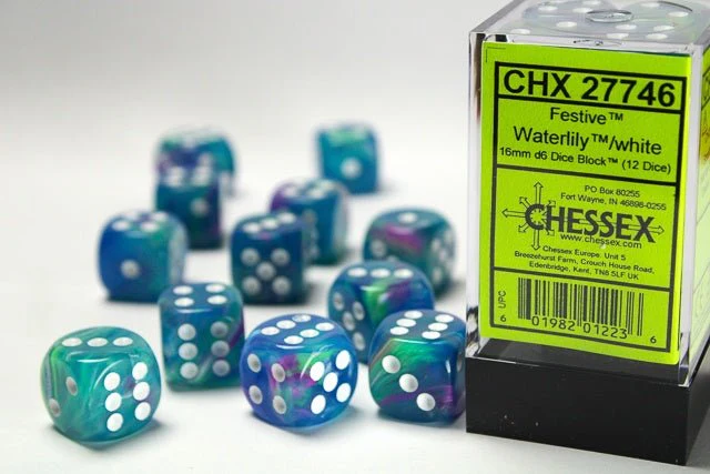 Chessex: Festive WaterLily/White 16mm d6 Dice Block (12 Dice)