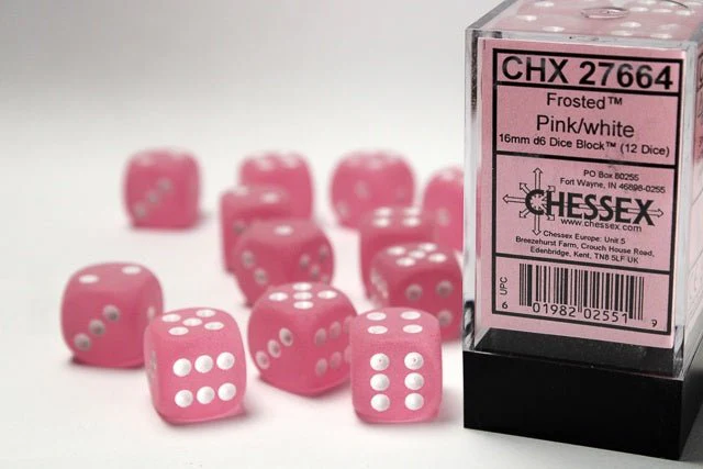 Chessex: Frosted Pink/White 16mm d6 Dice Block (12 Dice)