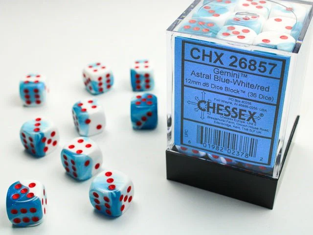 Chessex: Gemini AstralBlue/White 12mm d6 Dice Block (36 Dice)