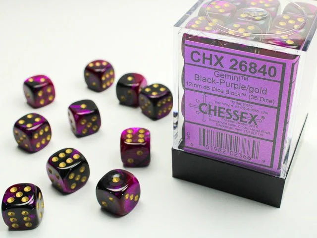 Chessex: Gemini Black/Purple 12mm d6 Dice Block (36 Dice)