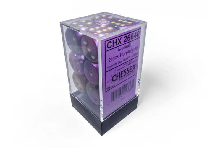 Chessex: Gemini Black/Purple 16mm d6 Dice Block (12 Dice)