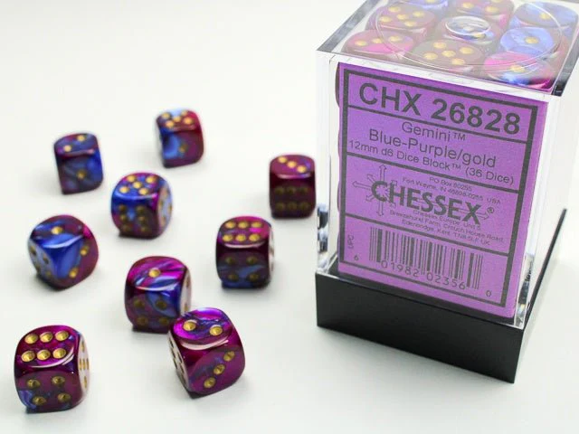 Chessex: Gemini Blue/Purple 12mm d6 Dice Block (36 Dice)