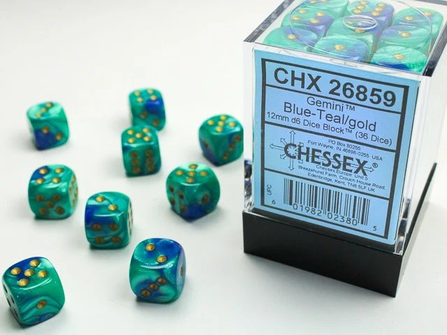 Chessex: Gemini Blue/Teal 12mm d6 Dice Block (36 Dice)