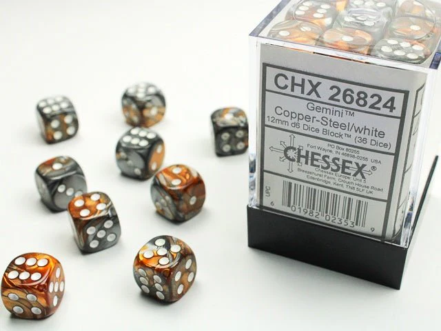 Chessex: Gemini Copper/Steel 12mm d6 Dice Block (36 Dice)