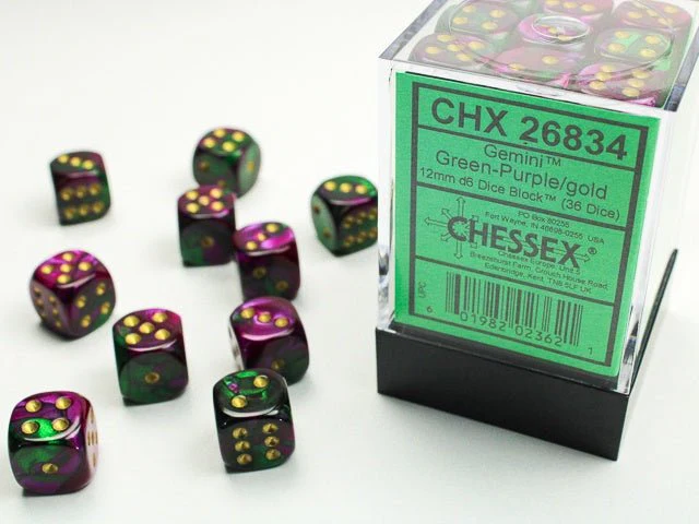Chessex: Gemini Green/Purple 12mm d6 Dice Block (36 Dice)