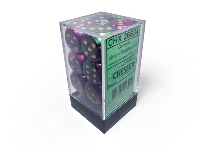 Chessex: Gemini Green/Purple 16mm d6 Dice Block (12 Dice)