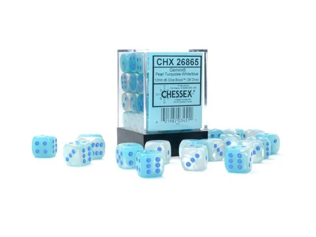 Chessex: Gemini Pearl Turquoise/White 12mm d6 Dice Block (36 Dice)