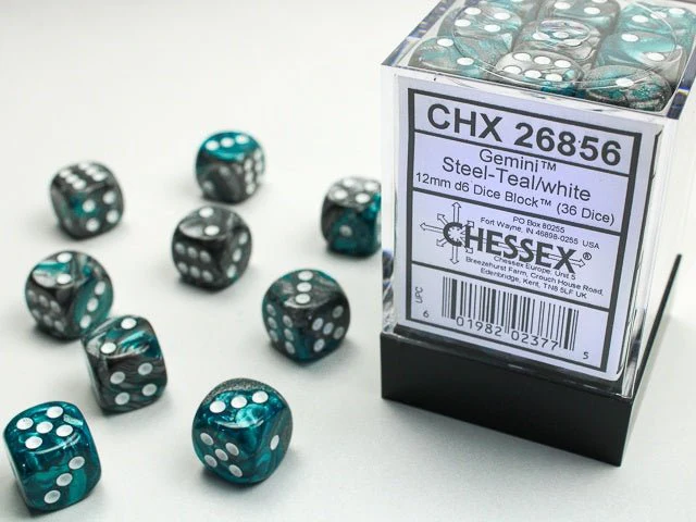 Chessex: Gemini Steel/Teal 12mm d6 Dice Block (36 Dice)