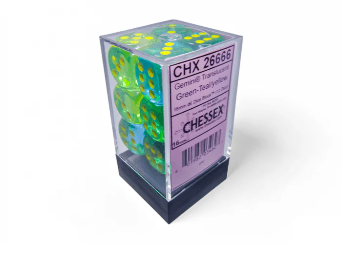 Chessex: Gemini Translucent Grean/Teal 16mm d6 Dice Block (12 Dice)