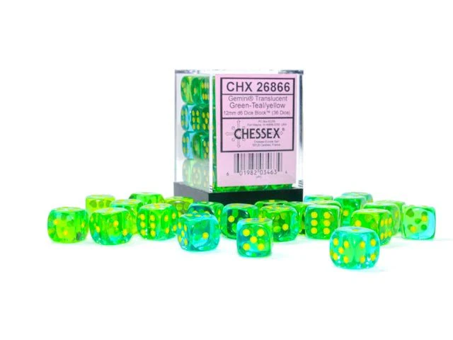Chessex: Gemini Translucent Green/Teal 12mm d6 Dice Block (36 Dice)