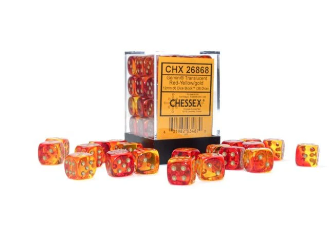Chessex: Gemini Translucent Red/Yellow 12mm d6 Dice Block (36 Dice)