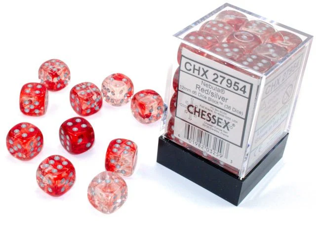 Chessex: Nebula Red/Silver 12mm d6 Dice Block (36 Dice)