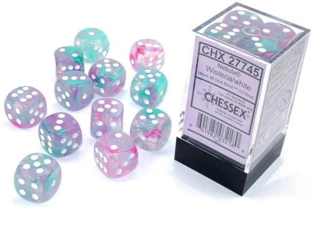 Chessex: Nebula Wisteria/White 16mm d6 Dice Block (12 Dice)