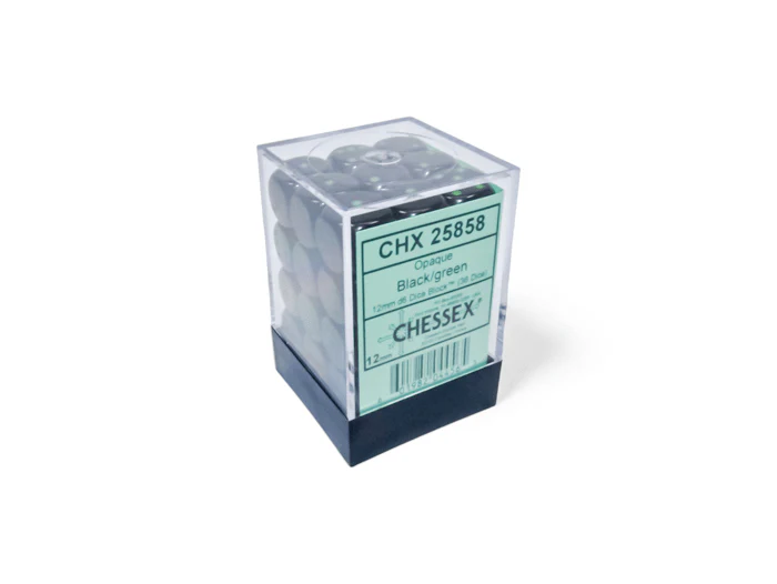 Chessex: Opaque Black/Green 12mm d6 Dice Block (36 Dice)