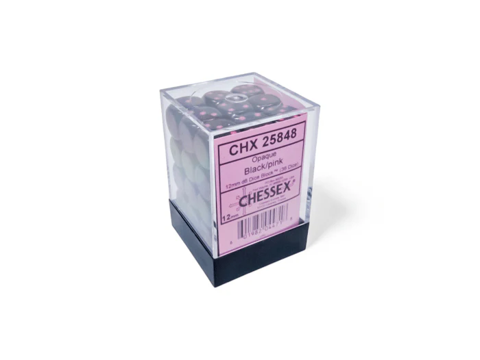 Chessex: Opaque Black/Pink 12mm d6 Dice Block (36 Dice)