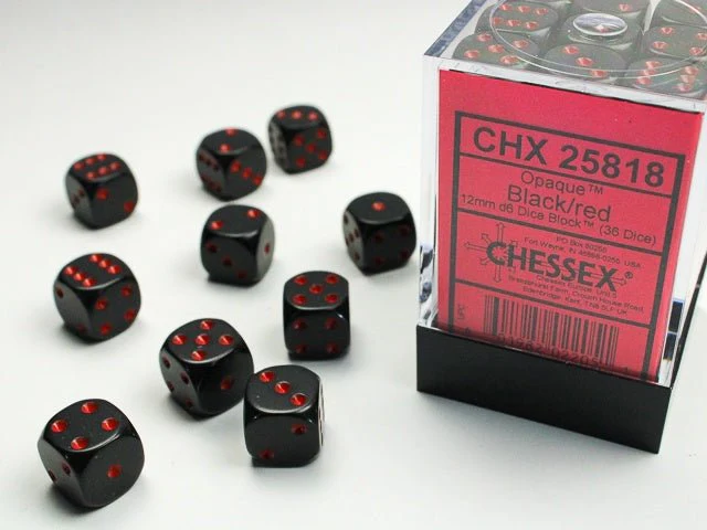Chessex: Opaque Black/Red 12mm d6 Dice Block (36 Dice)