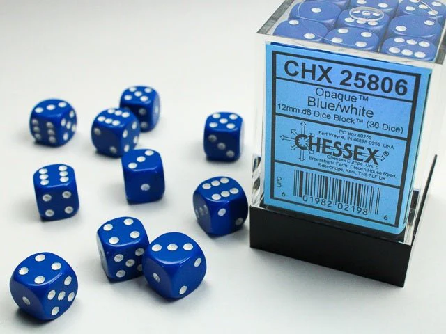 Chessex: Opaque Blue/White 12mm d6 Dice Block (36 Dice)
