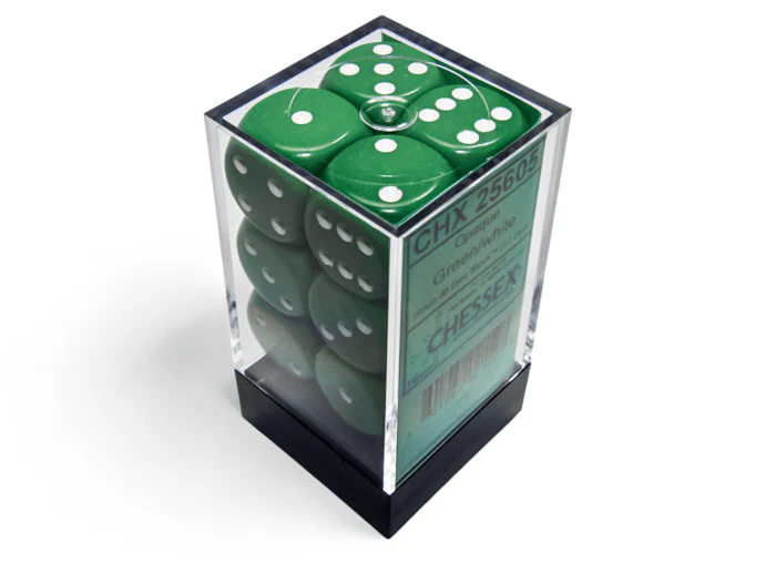 Chessex: Opaque Green/White 16mm d6 Dice Block (12 Dice)