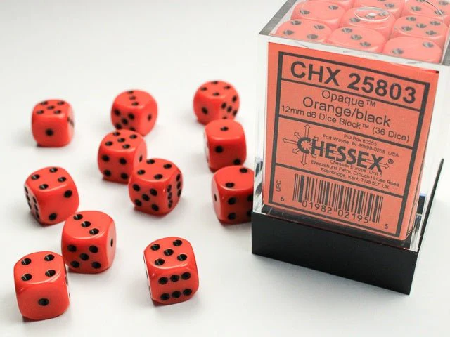 Chessex: Opaque Orange/Black 12mm d6 Dice Block (36 Dice)