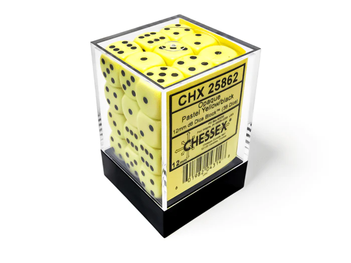 Chessex: Opaque Pastel Yellow/Black 12mm d6 Dice Block (36 Dice)