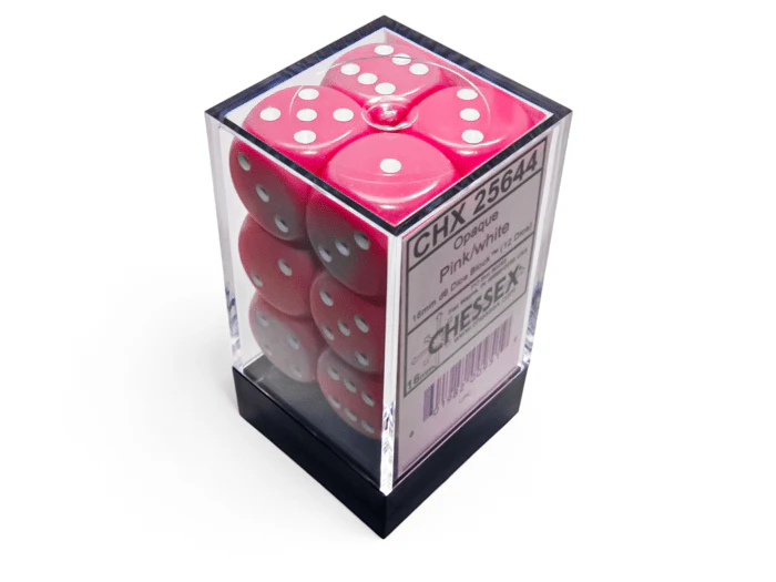 Chessex: Opaque Pink/White 16mm d6 Dice Block (12 Dice)