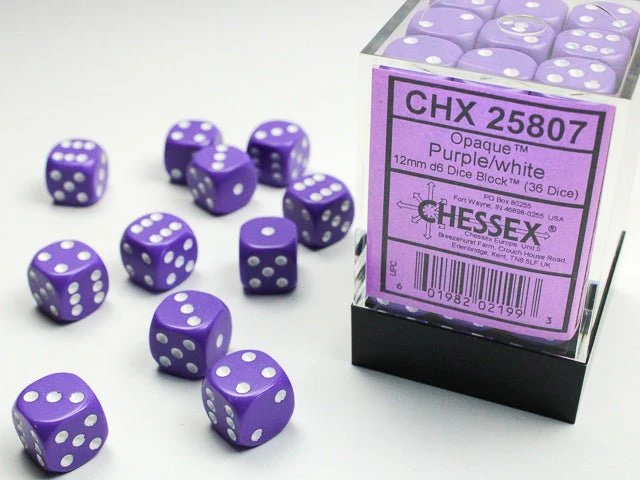 Chessex: Opaque Purple/White 12mm d6 Dice Block (36 Dice)