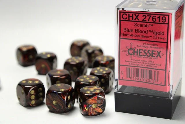 Chessex: Scarab BlueBlood/Gold 16mm d6 Dice Block (12 Dice)