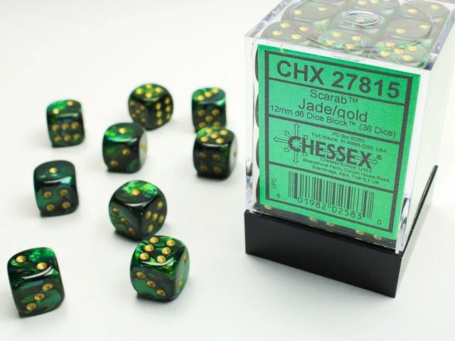 Chessex: Scarab Jade/Gold 12mm d6 Dice Block (36 Dice)