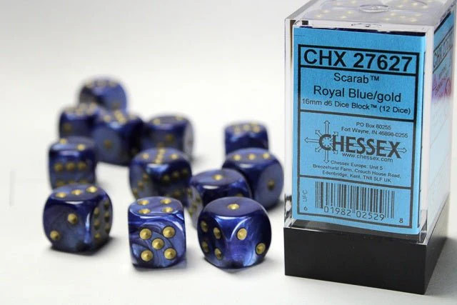 Chessex: Scarab RoyalBlue/Gold 16mm d6 Dice Block (12 Dice)