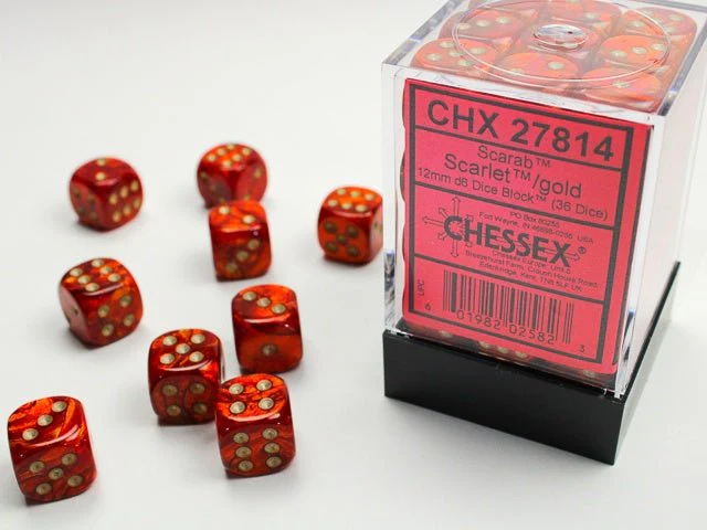 Chessex: Scarab Scarlet/Gold 12mm d6 Dice Block (36 Dice)
