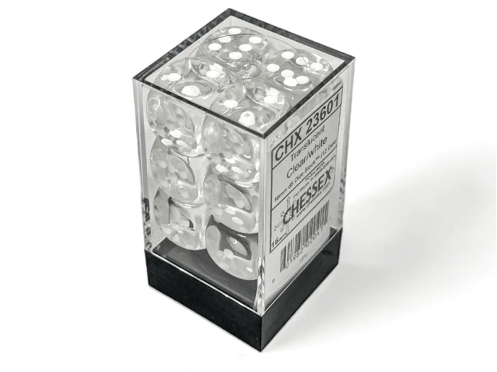 Chessex: Translucent Clear/White 16mm d6 Dice Block (12 Dice)