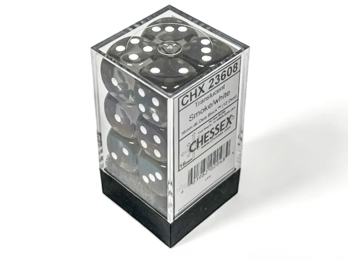 Chessex: Translucent Smoke/White 16mm d6 Dice Block (12 Dice)