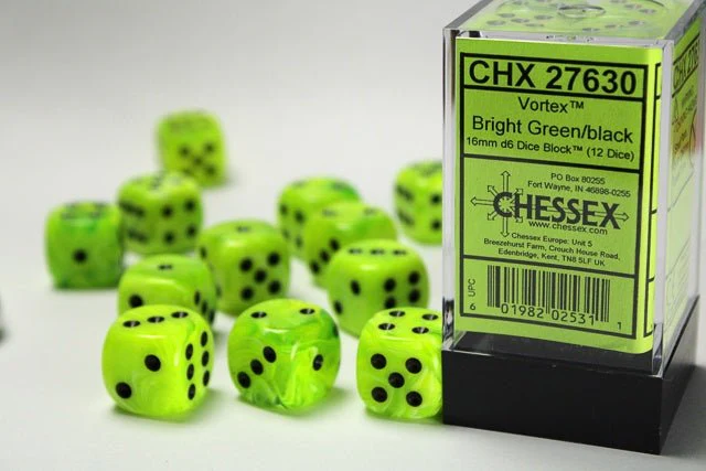 Chessex: Vortex BrightGreen/Black 16mm d6 Dice Block (12 Dice)